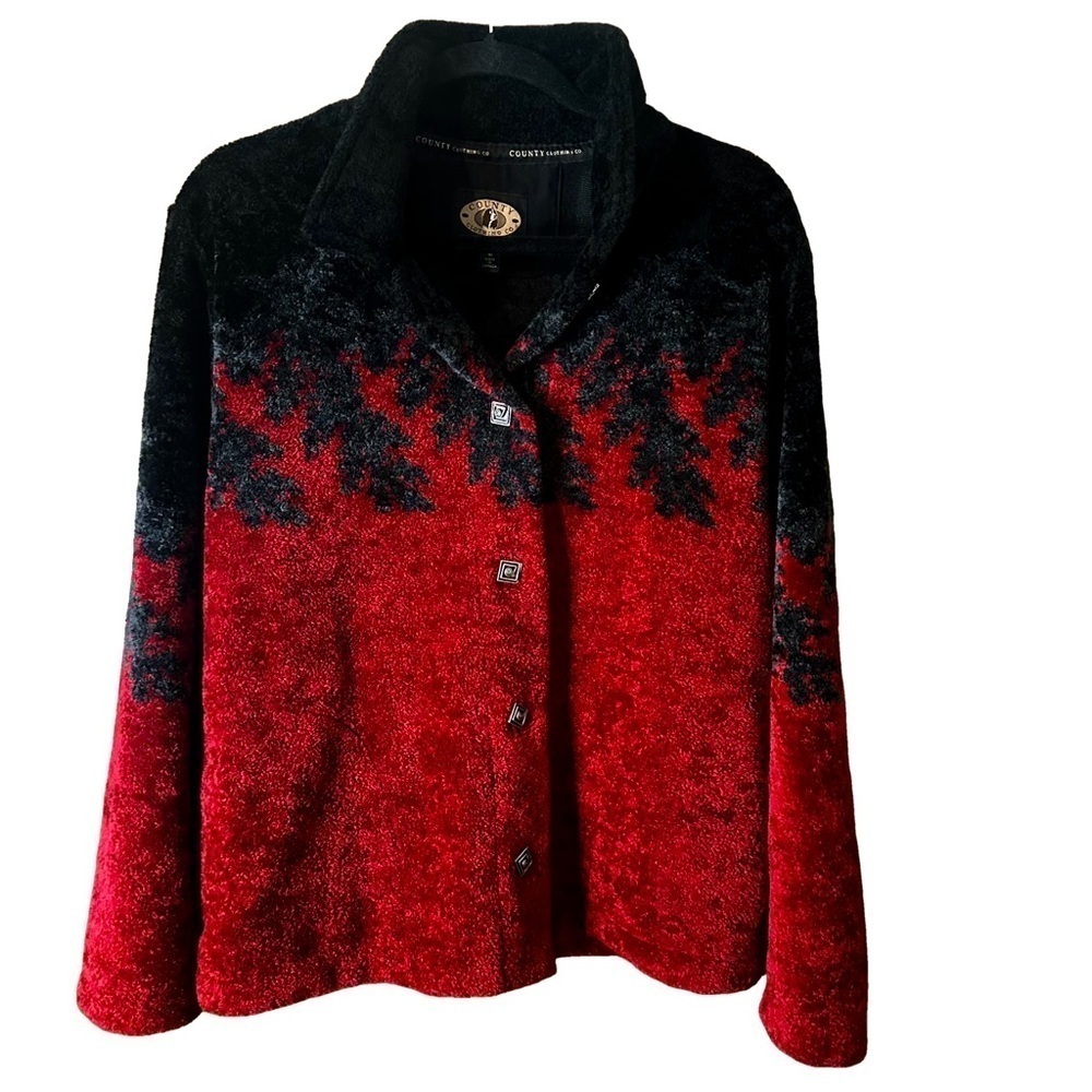 Vtg Country Clothing Co Red Black Plush Boxy Button Down Jacket Shacket Sz L